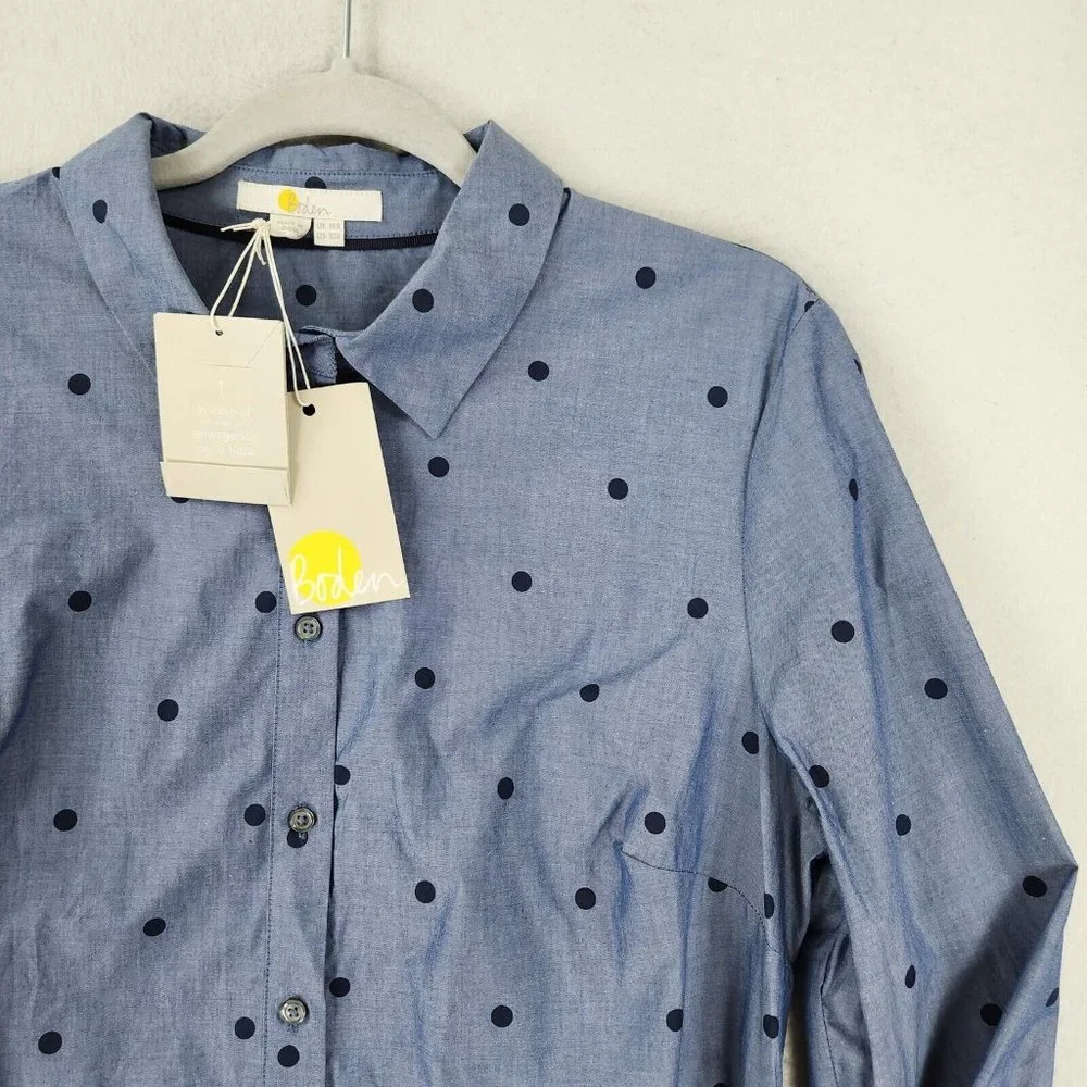 Boden Dress Womens 10 Blue Polka Tie Waist Button Front Modern Shirt Dress NEW - Picture 2 of 12